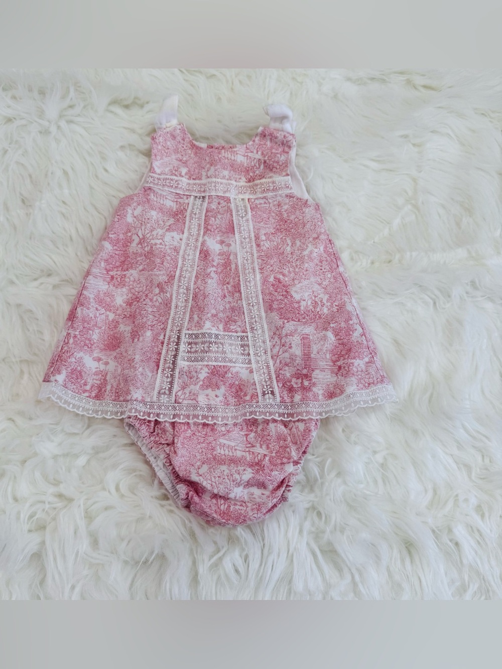 Coconut Baby Girl Toile Print Dress & Bloomers Set 1–3 Months Pink Lace Cottagec